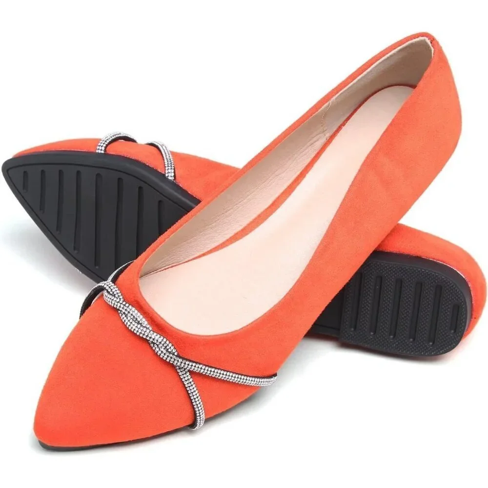 Women's Orange Casual Flats Fashion Chain Pointed Toe Ballet Flat Rhinestone